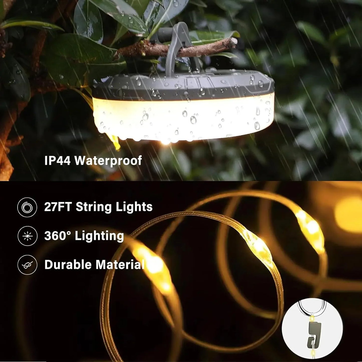 4-In-1 Camping Light LED Reel String Lights Outdoor USB Camping Lamp Recyclable LED Night Light for Garden Tent Room Decor