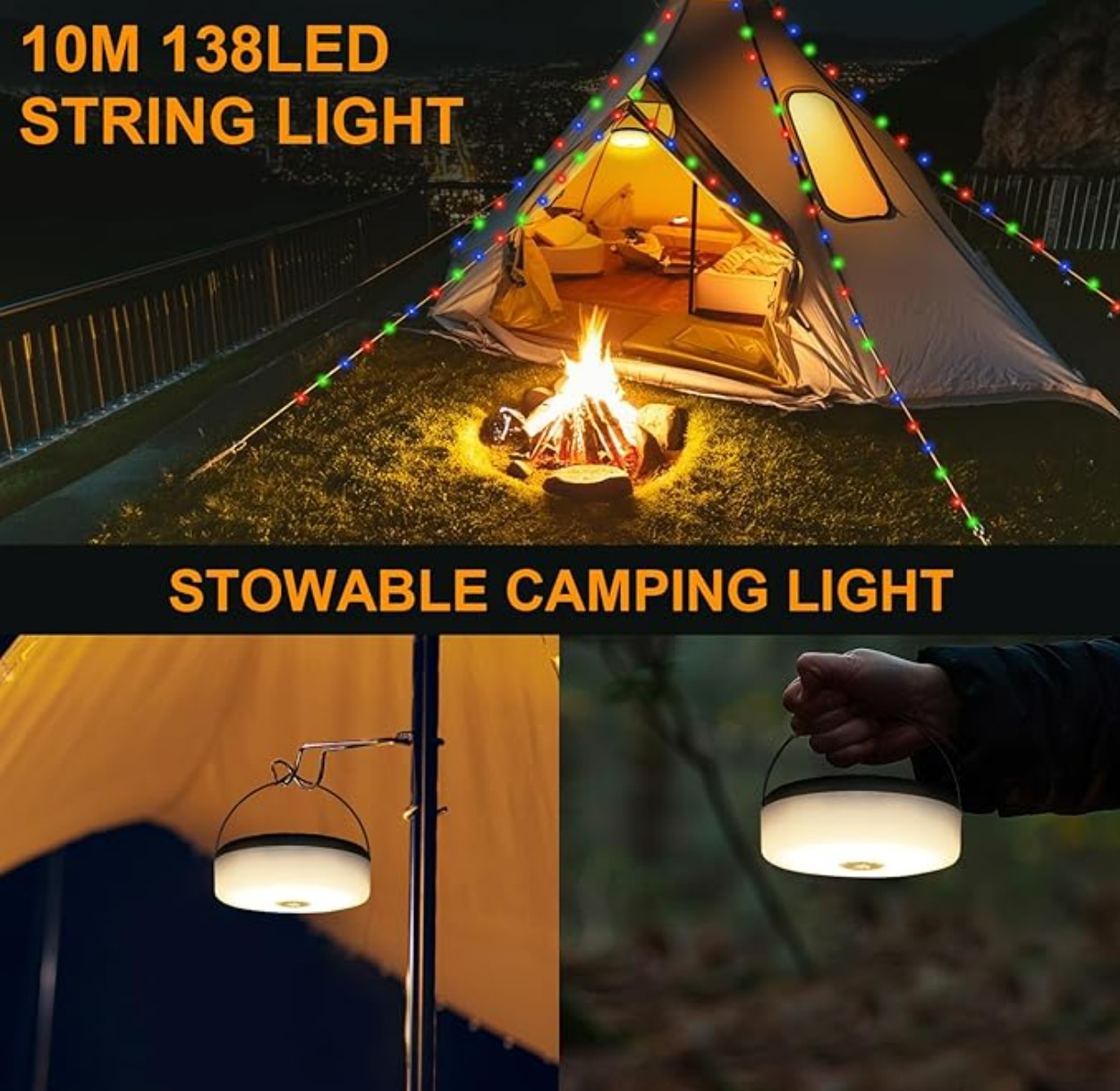 4-In-1 Camping Light LED Reel String Lights Outdoor USB Camping Lamp Recyclable LED Night Light for Garden Tent Room Decor