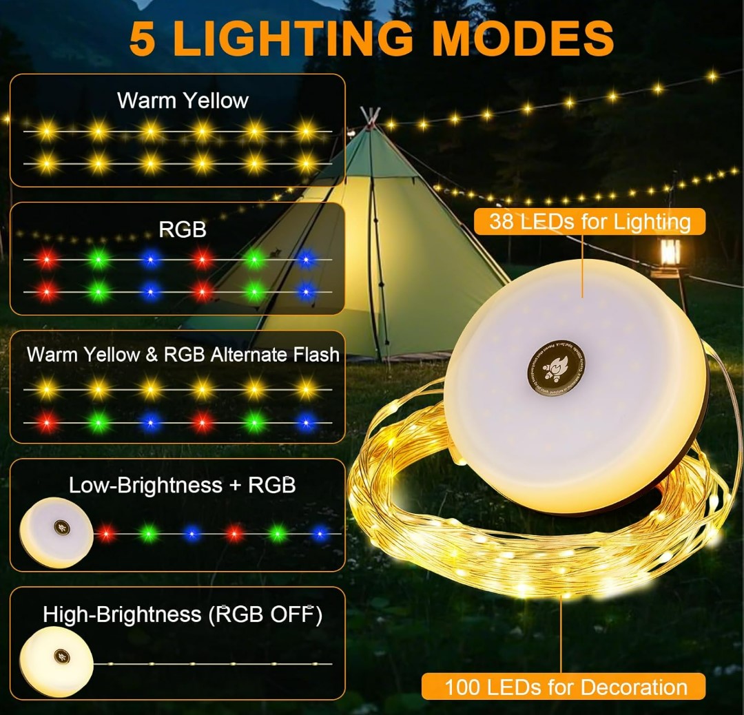 4-In-1 Camping Light LED Reel String Lights Outdoor USB Camping Lamp Recyclable LED Night Light for Garden Tent Room Decor
