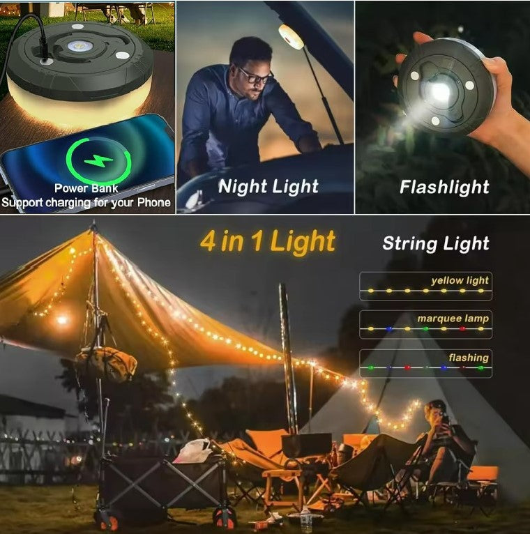 4-In-1 Camping Light LED Reel String Lights Outdoor USB Camping Lamp Recyclable LED Night Light for Garden Tent Room Decor