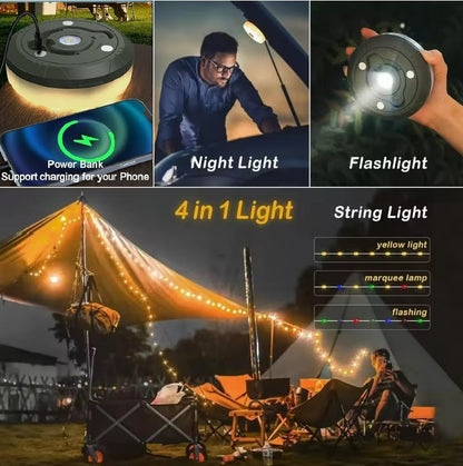 4-In-1 Camping Light LED Reel String Lights Outdoor USB Camping Lamp Recyclable LED Night Light for Garden Tent Room Decor